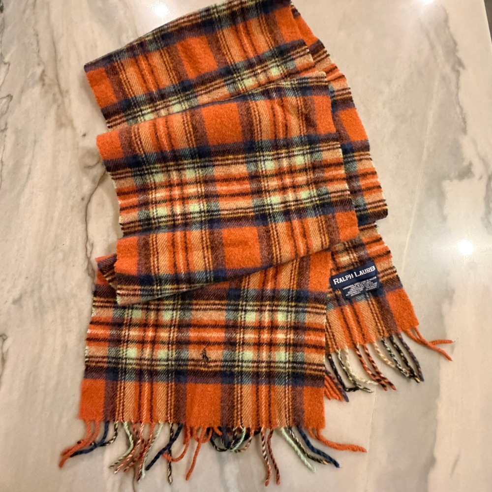 Vintage Ralph Lauren Scarf 80s Lambswool Orange Plaid Scotland Polo Pony FLAWED